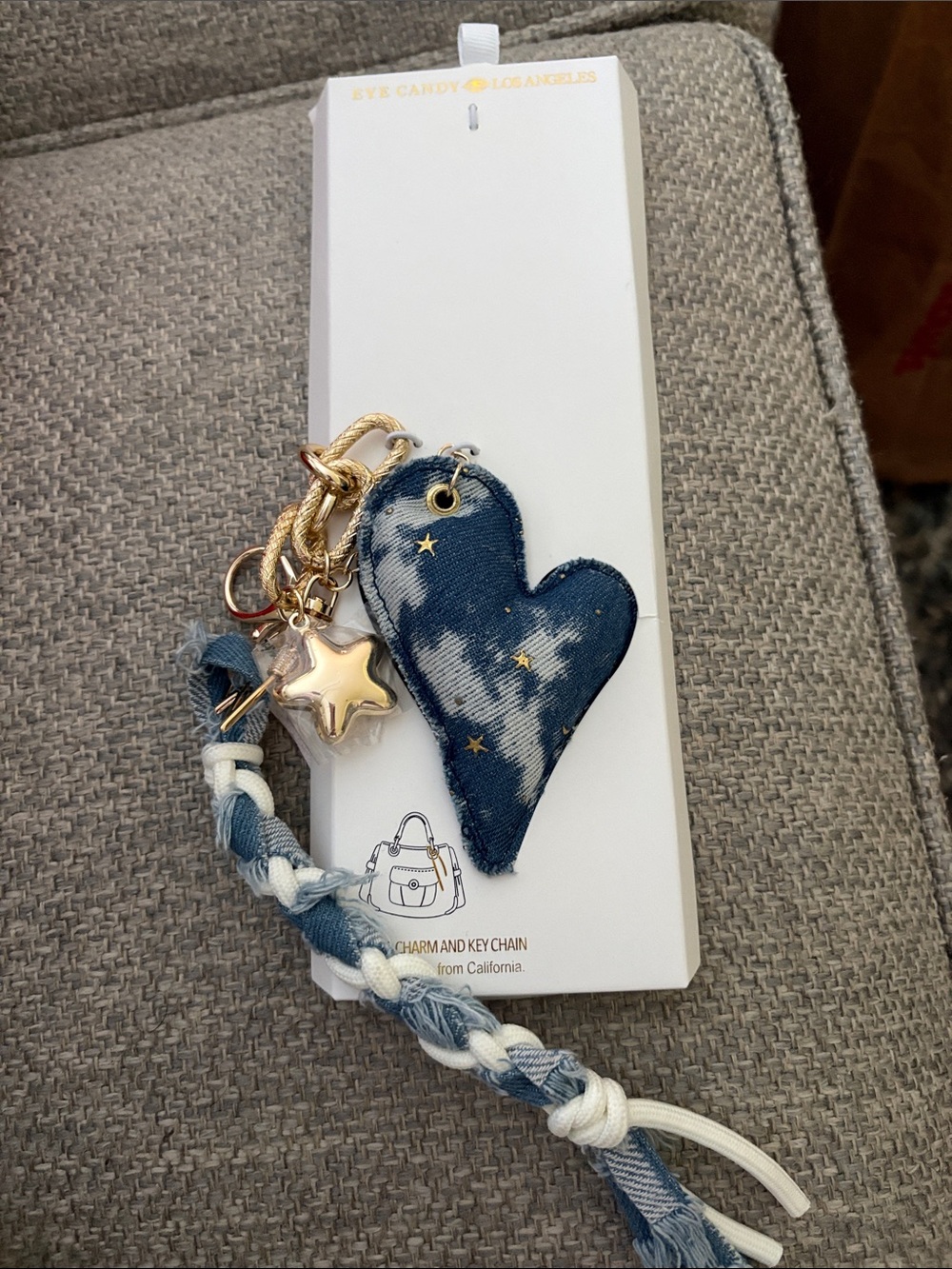 eye candy Blue Denim Heart Key & Card Holder with Gold Star Charm